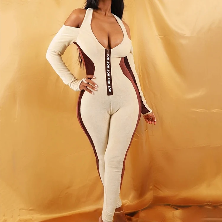 

New Fall Fashion Golden velvet Long Sleeve Solid Color Skinny Backless High Waist Zipper Romper One-piece Jumpsuit Women