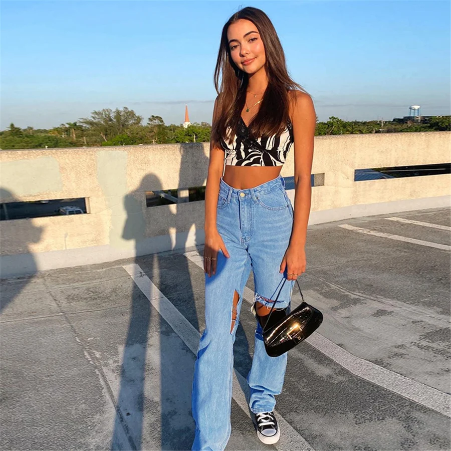 

Nibber W21P00578 Womens Casual Ripped Hole Jeans Straight Trousers High Waist Female Street Denim Pants Factory Wholesale Custom