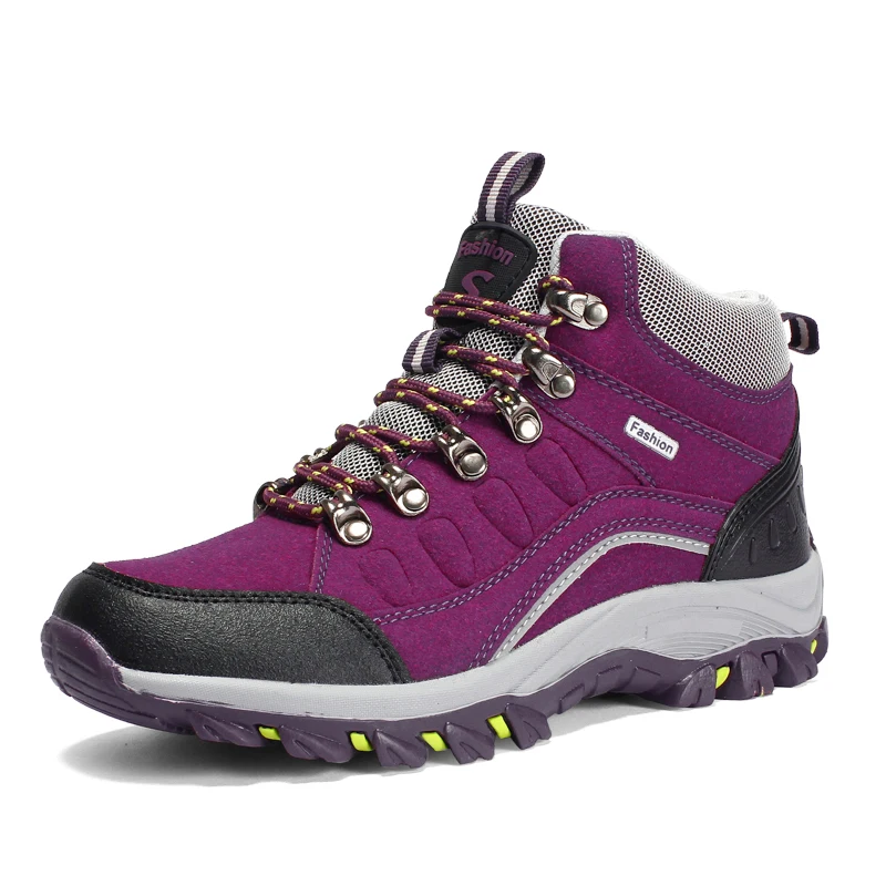 

Custom waterproof leather trekking shoes hiking boots for men women, Purple,red,blue,grey