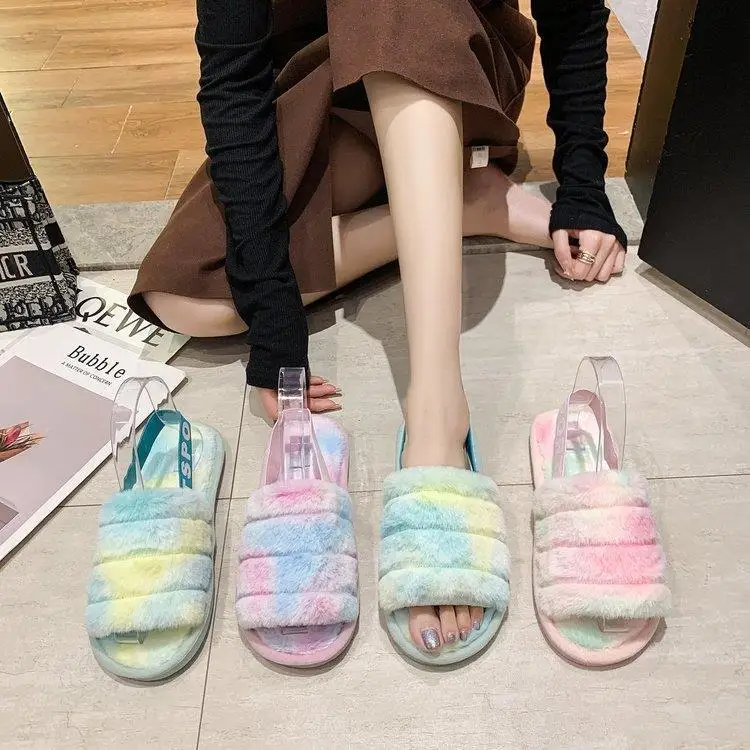 

New style winter fall soft faux fur sandals ladies fashion home rainbow slides pretty tie dye plush women's slipper, Pink, purple, green