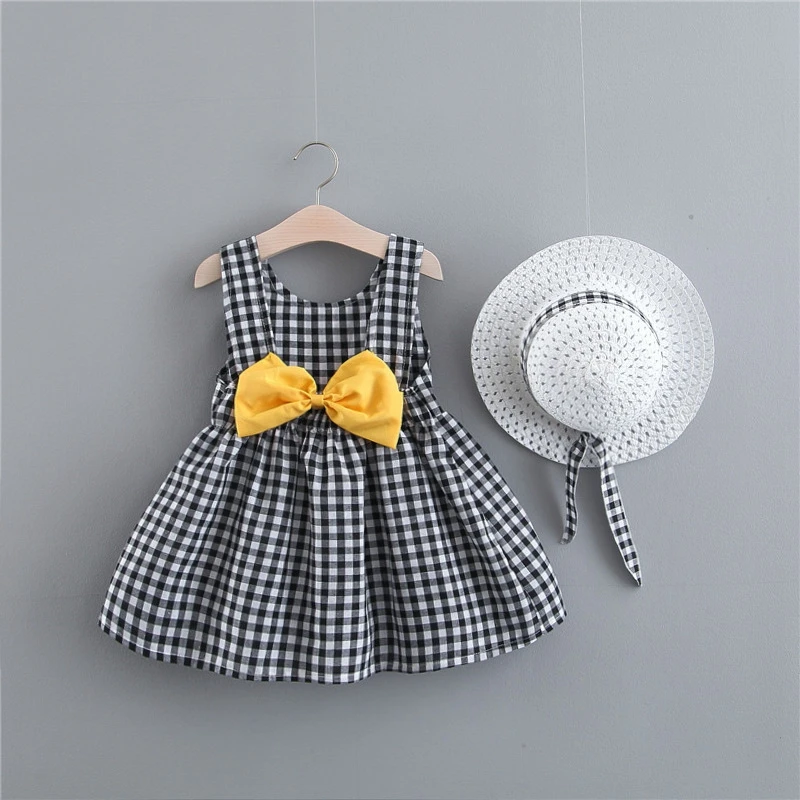 

Baby Girl Dress Print Plaid Bow Summer Princess Party Dress Infant Toddler Clothes Newborn Baby Dress+Hat 2pcs Kids Clothing Set