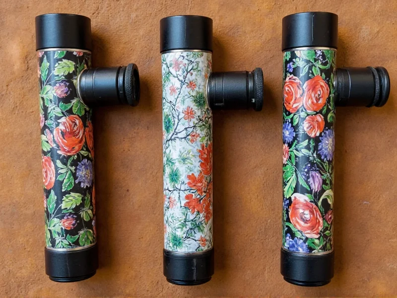 Three customized kaleidoscopes with nature themes on rustic background