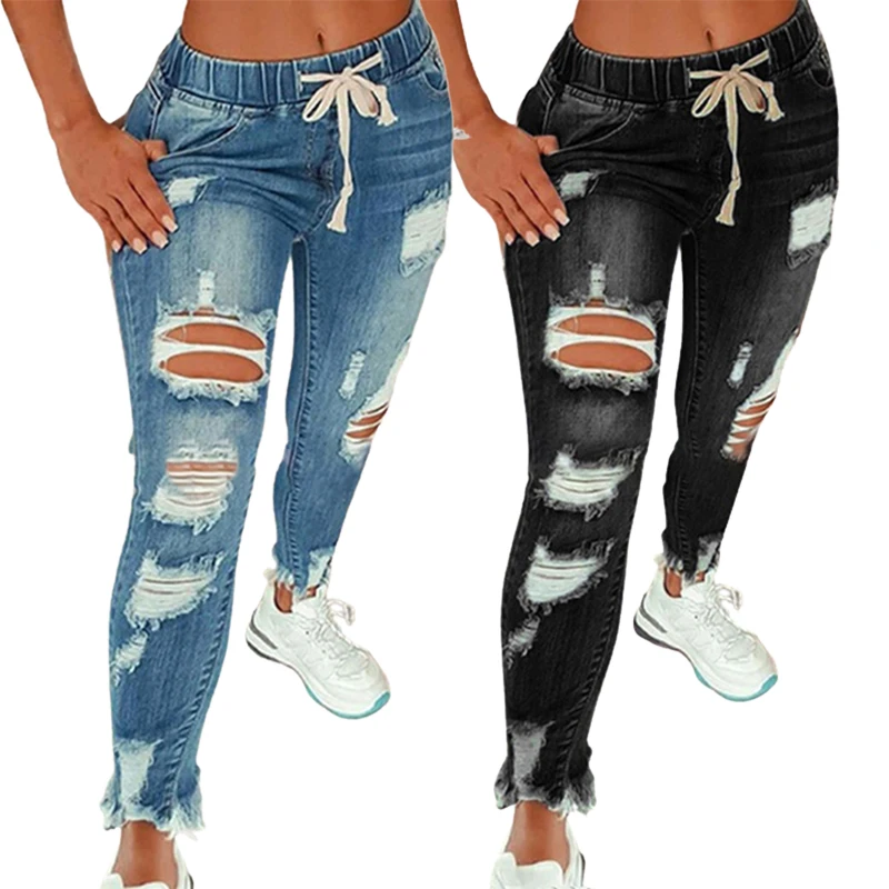 

New arrivals fashion jeans skinny light blue denim trousers torn edge distressed ladies jeans, Customized color