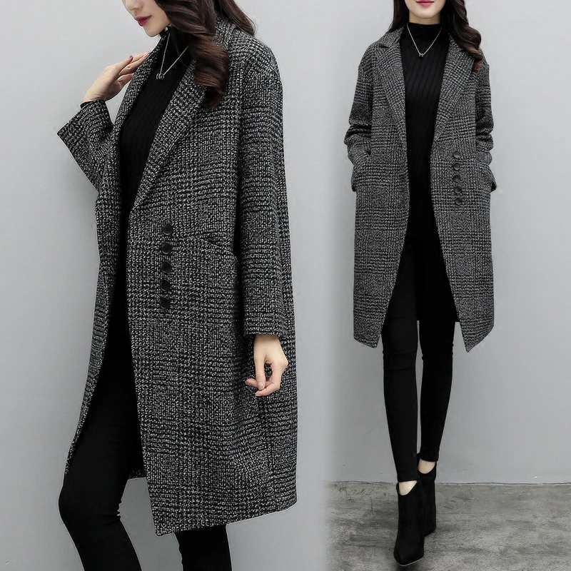 

Winter New Style Women's Slim Fashion Mid-length Plaid Woolen Coat Single-breasted Solid-color Woolen Coat, Gray