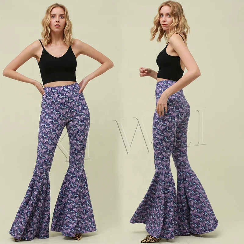 

Wholesale 2021 spring/autumn fashion flowers butterfly print high waist wide-legged pants leisure plus-size Bohemian flares