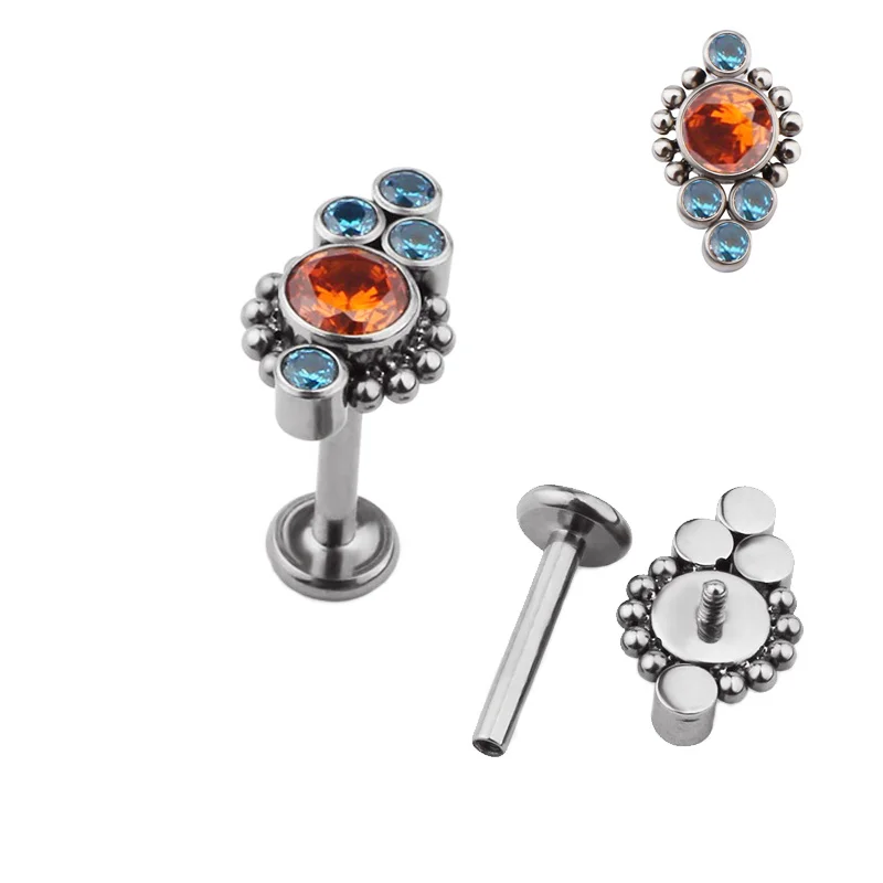 ASTM F136 Titanium 5 Colorful CZ and Ball Clusters Surrounding Top Labret Earring Hot Sale Piercing Jewelry