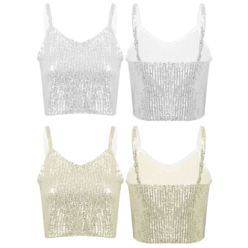 

Wholesale Shiny Sequins Sexy Spaghetti Strap V Neck Sleeveless Camisole Women Crop Top