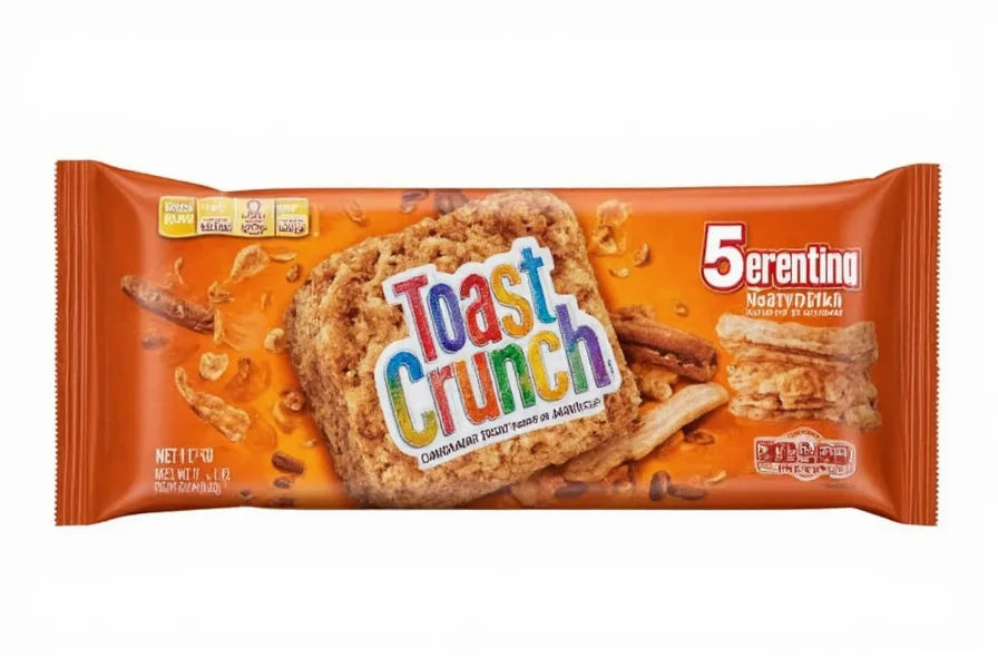 Nutrition facts panel for Cinnamon Toast Crunch bar next to measuring spoons showing sugar content comparison with other popular snack bars