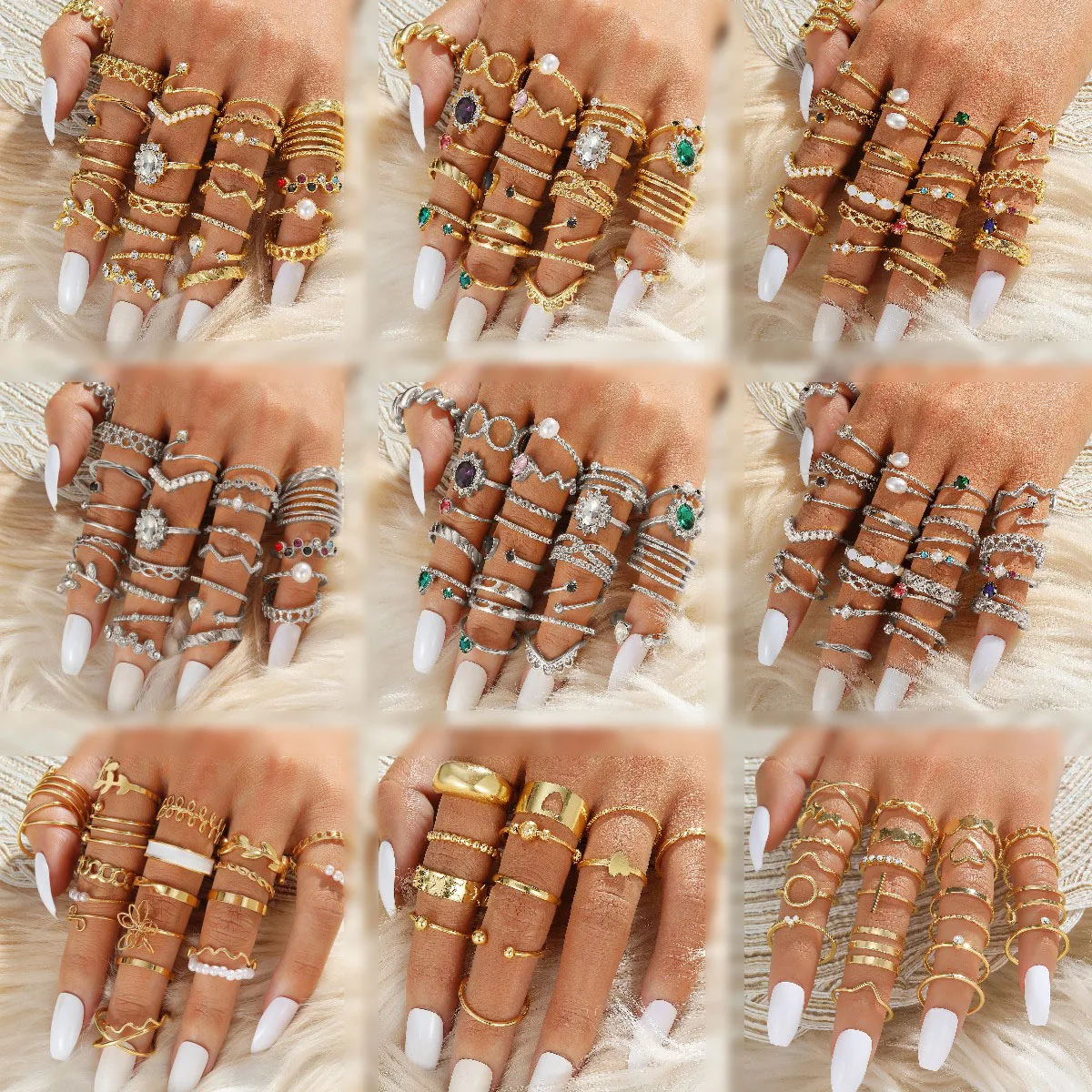 30pcs/set Fashion Geometric Gold Metal Crystal Finger Ring Set Punk Diamond Chunky Pearl Rings Set for Women Jewelry Gift