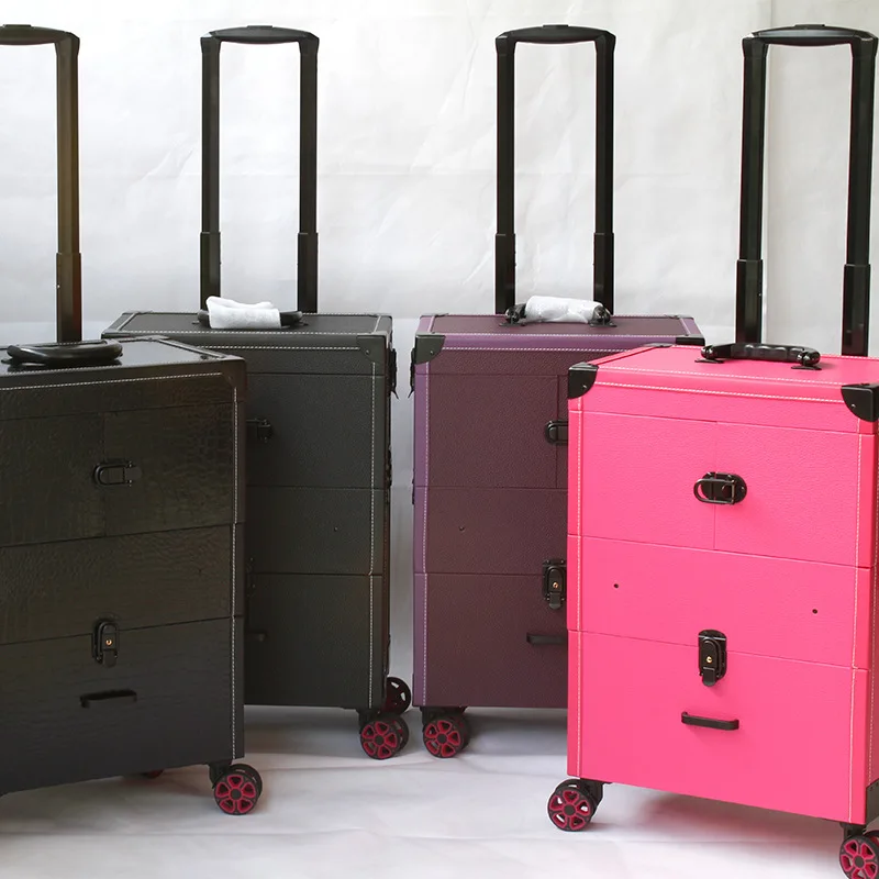 

wholesale price PU leather nail polish organizer box custom makeup trolley case hairdresser cosmetic cases on wheels, Accept customized color