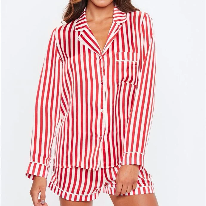 

Ladies Stripe Satin Pyjama Set White Piping Red Candy Pjs Christmas