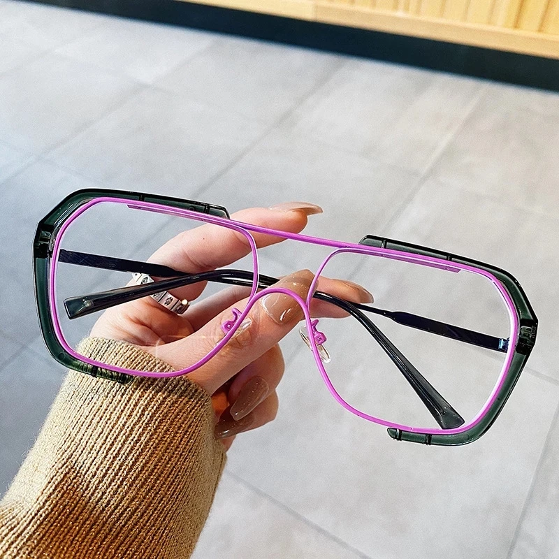 

One Piece Yellow Purple Clear Glasses Frame For Women New Fashion Vintage Alloy Sunglasses Female Luxury Brand Square Eyewear, 6colors