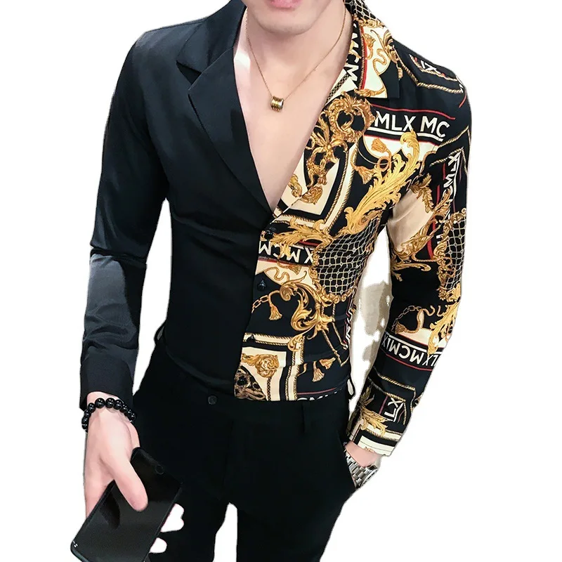 

Casual Men Slim Fit Print Party Club Shirt Luxury Black Gold Shirt 2021 Autumn Baroque Men Shirt Long Sleeve Patchwork