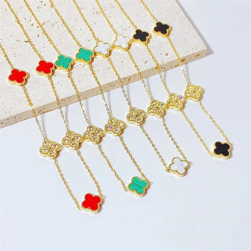 

Dainty 18K Gold Plated Stainless Steel Luxury Diamond Colorful Shell Lucky Four Leaf Clover Necklace For Women