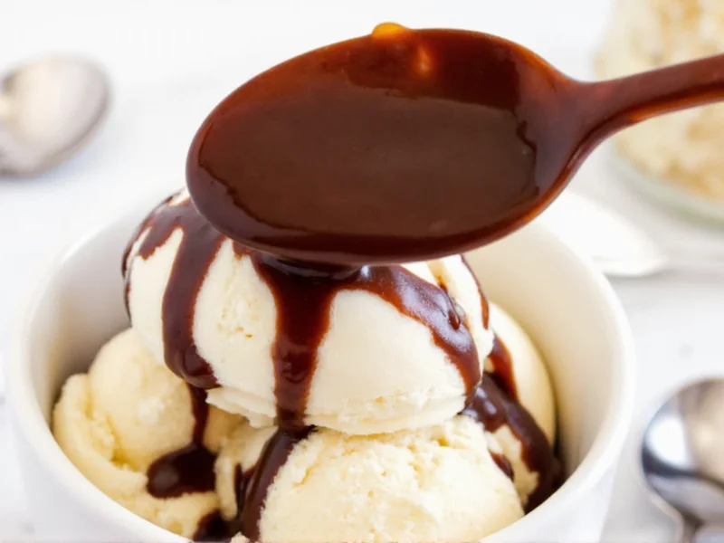 Homemade hot fudge sauce drizzled over vanilla ice cream