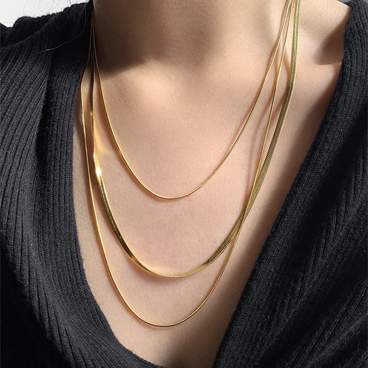 3pcs Set Stainless Steel Fashion Jewelry 18K Gold Plated Layered Snake Chain Necklace For Women