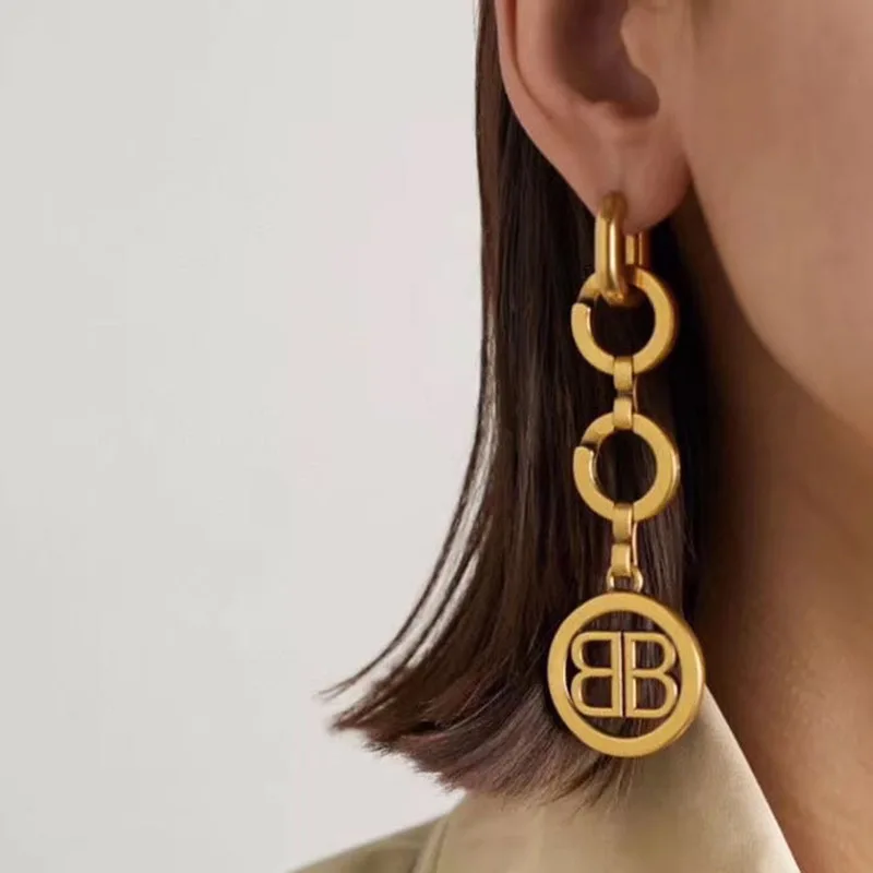 

HOVANCI Punk Jewelry 18k Real Gold Plated Double Letter B Statement Earrings Vintage Metal BB Drop Earrings