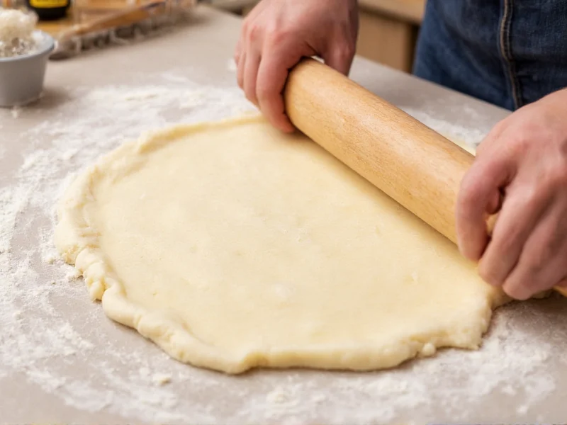 Rolling pie dough on floured surface