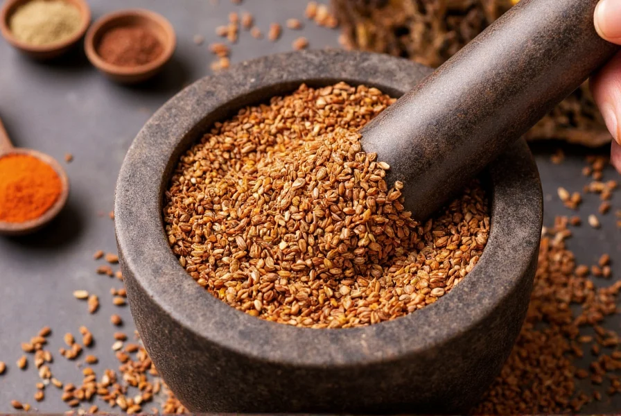 Close-up of toasted cumin seeds being ground in a mortar and pestle with measuring spoons nearby