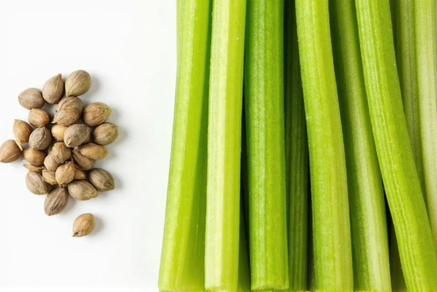 Close-up comparison of celery seeds next to fresh celery stalks showing size and color differences for culinary substitution reference