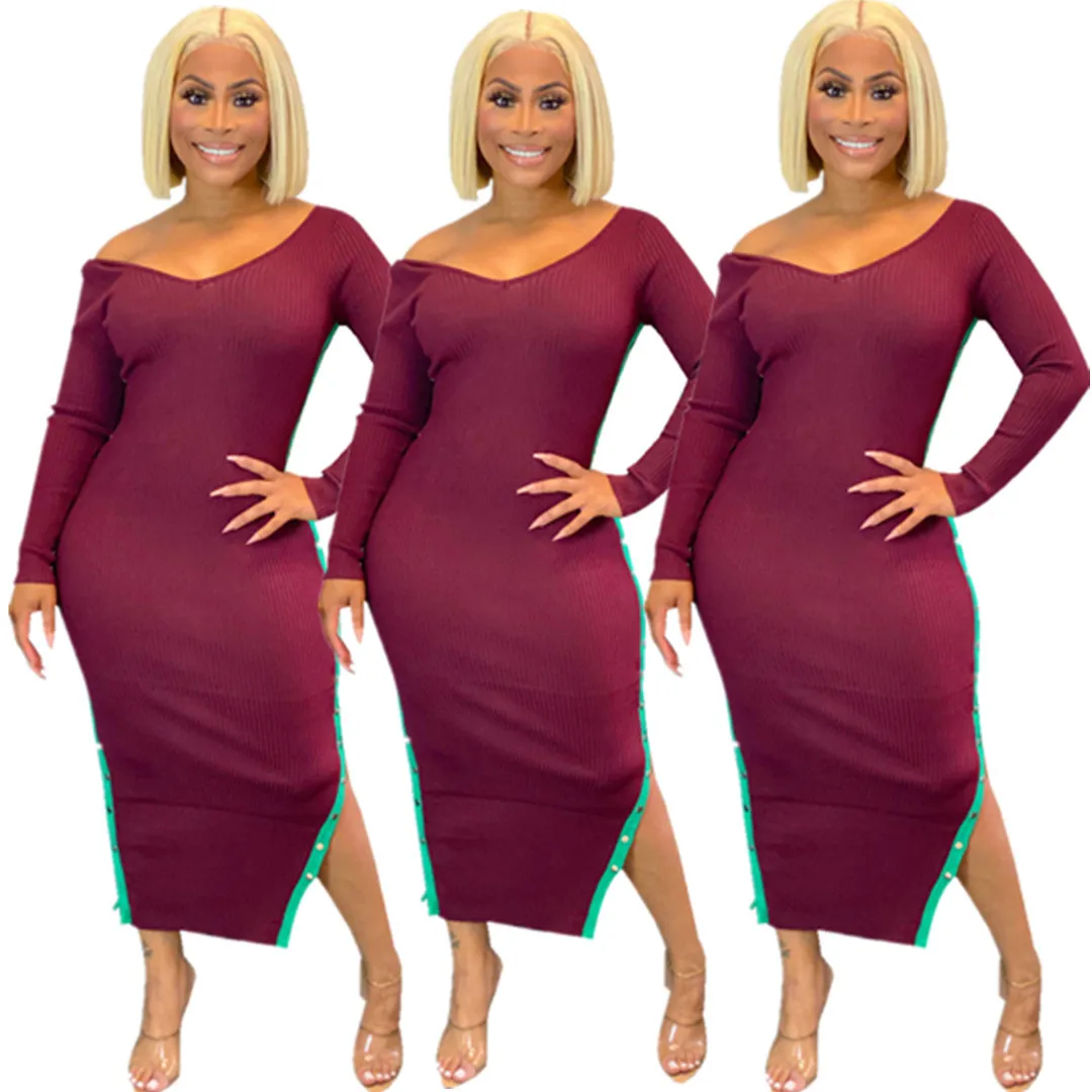 

B35191A 2020 Winter hot fashion lady sexy V neck split bandage dress, Shown