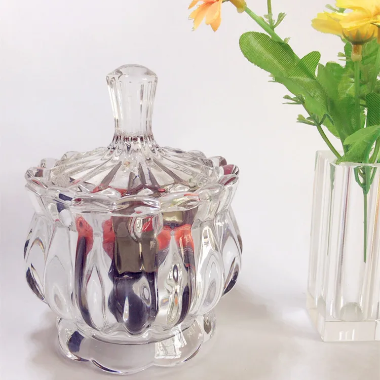 
Wholesale Fashion Flower Shape Design Crystal Clear Glass Snacks or Sugar Bowl With Lid 