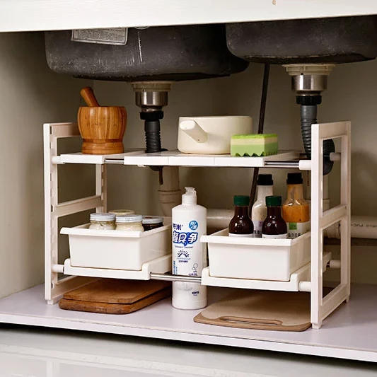 

2 Tier Kitchen Storage Professional Multifunctional Shelf Stackable Under Sink Rack Metal Cabinet Drawer Basket Kitchen Storage, White /brown/customized color acceptable