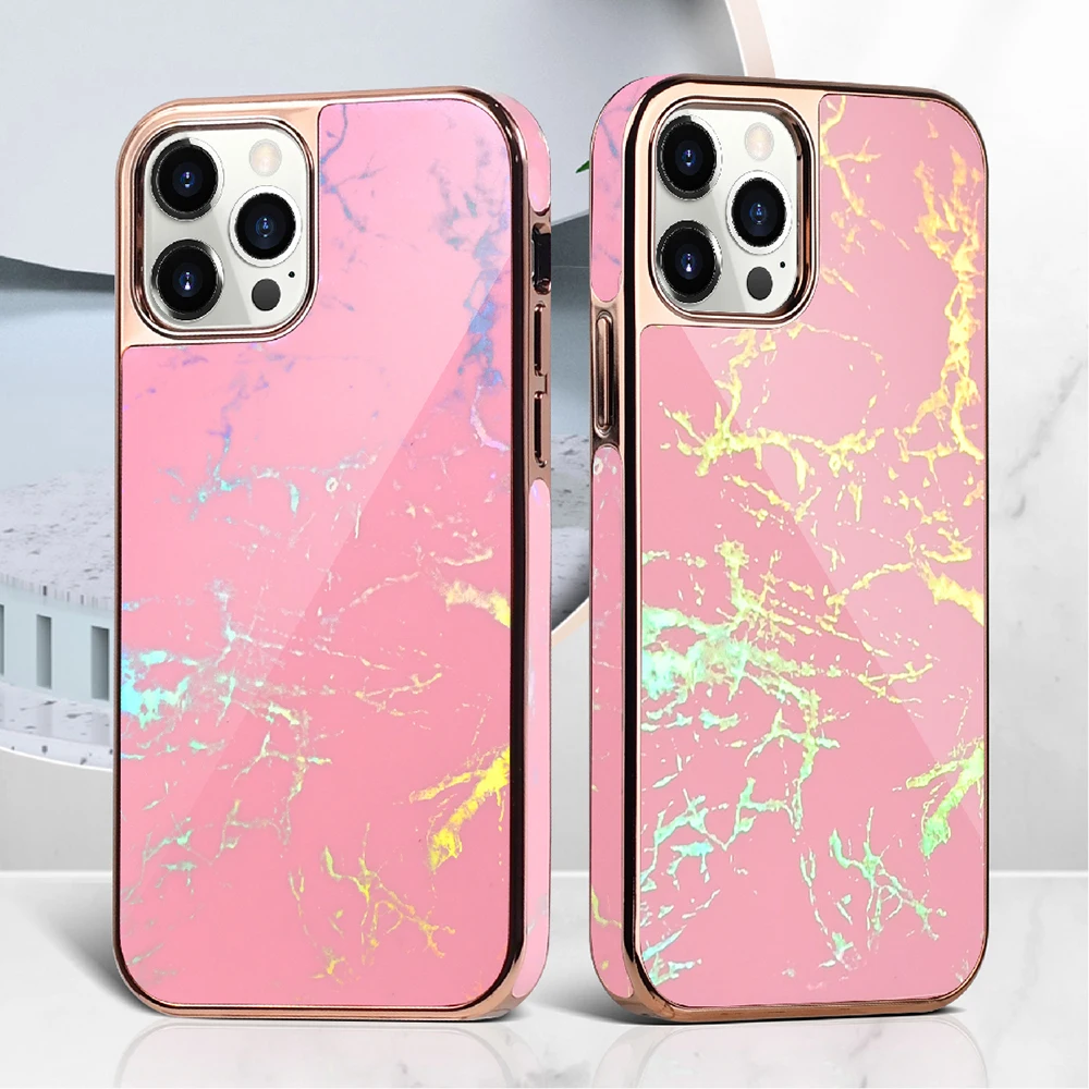 

Luxury Electoplated Discoloration Shockproof Leather Phone Case For iPhone 11 12 Pro Marble Case, 5 colors