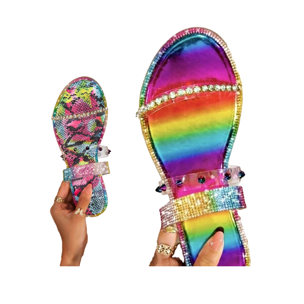 

Superstarer transparent printing sandals flat rhinestone crystal clear slides for lady