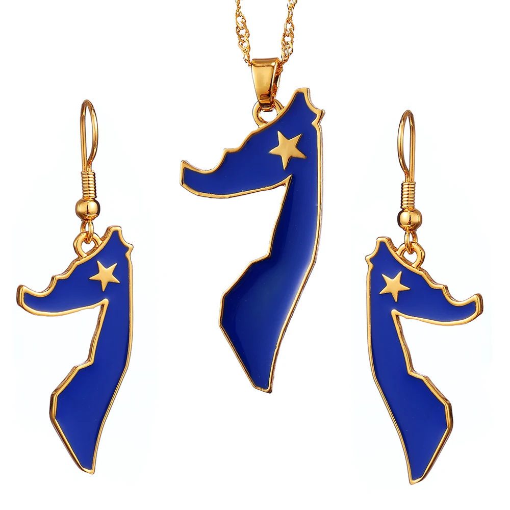 

Ethlyn Somalia Map 24K Gold Plated Jewelry Sets for Girls Blue Drop Oil Earrings Pendant Somali Country Flag S272