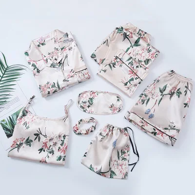 

Satin Pajamas Silk Pijamas Floral Print Sleepwear Fashion Cozy Nighty 7 Piece Set