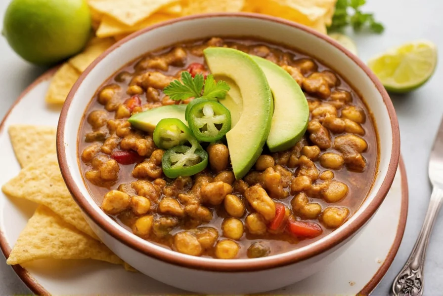 Bowl of chicken green chili served with lime wedges, avocado slices, and tortilla chips on side