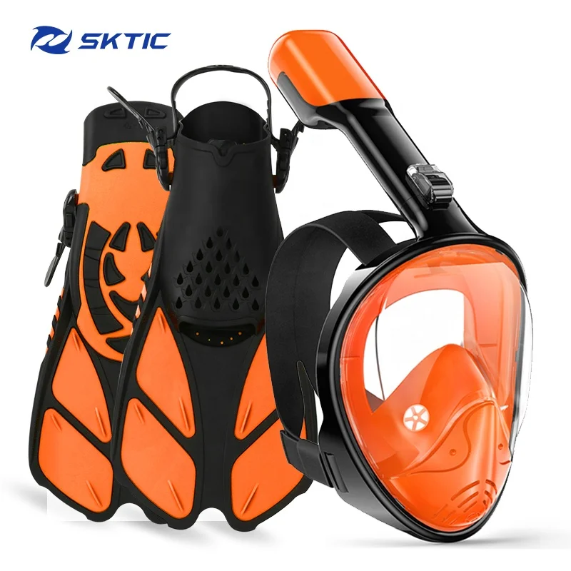 

SKTIC Factory Adults Anti-fog Snorkel Mask Snorkeling Fins Diving Equipment Full Face Snorkel Set For Watersport Swimming, Black orange