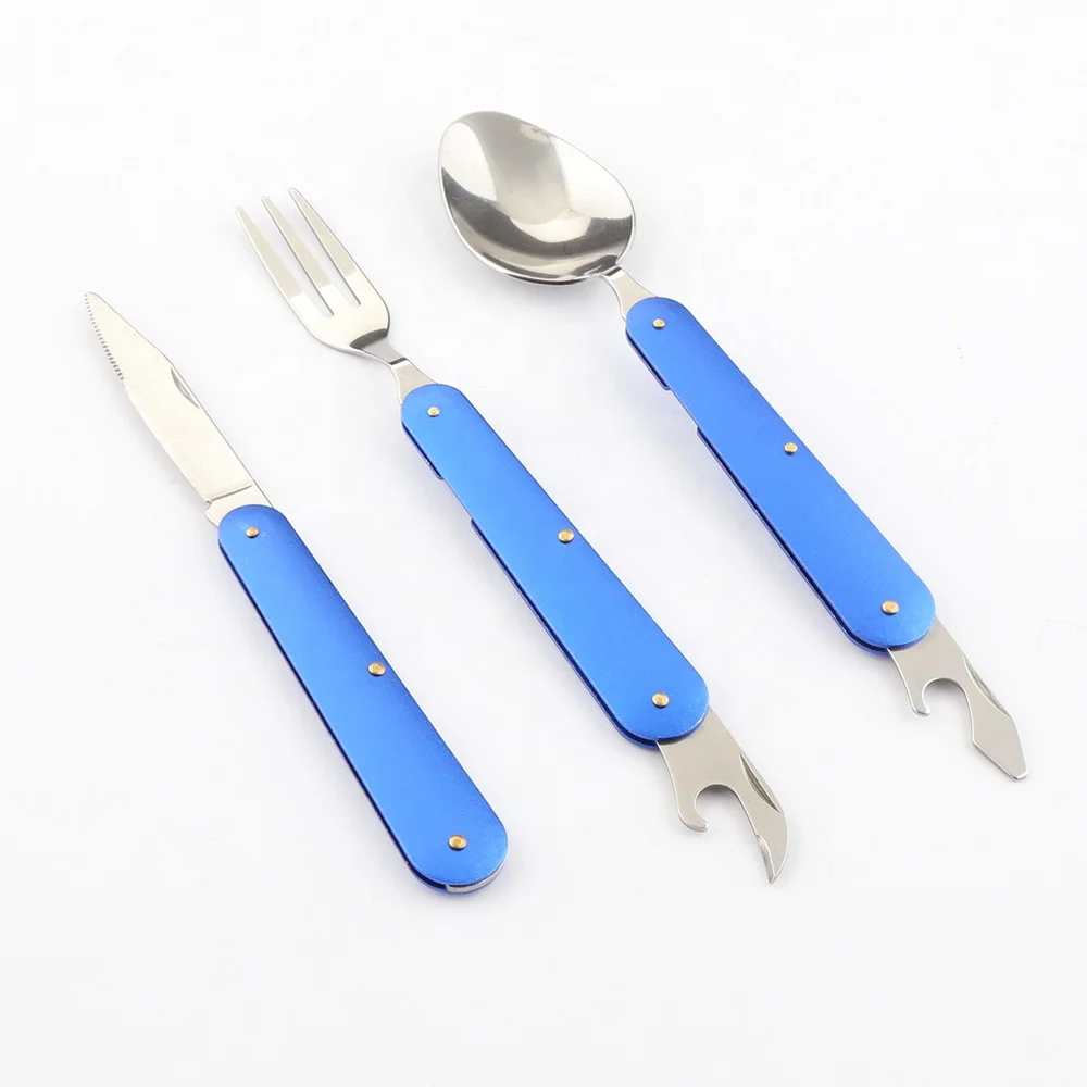 

5-in-1 Camping Utensil Stainless Steel Fork Knife Spoon Bottle Opener Set with Storage Case, Exist color