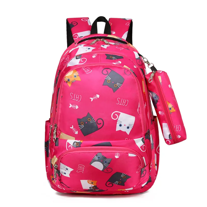 

Wholesale Lovely Cartoon Cat Printing Load Reduction Children Kids Pupil Backpack Students Primary School Bag With Pencil Case, Purple, black, pink, rose red