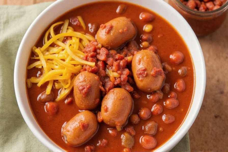 Hot dog topped with homemade chili, cheese, and onions