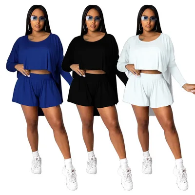 

2021 New Design Solid Women Full Sleeve T Shirt short pants two piece Set Laides Irregular Biker Short Set Women Clothing