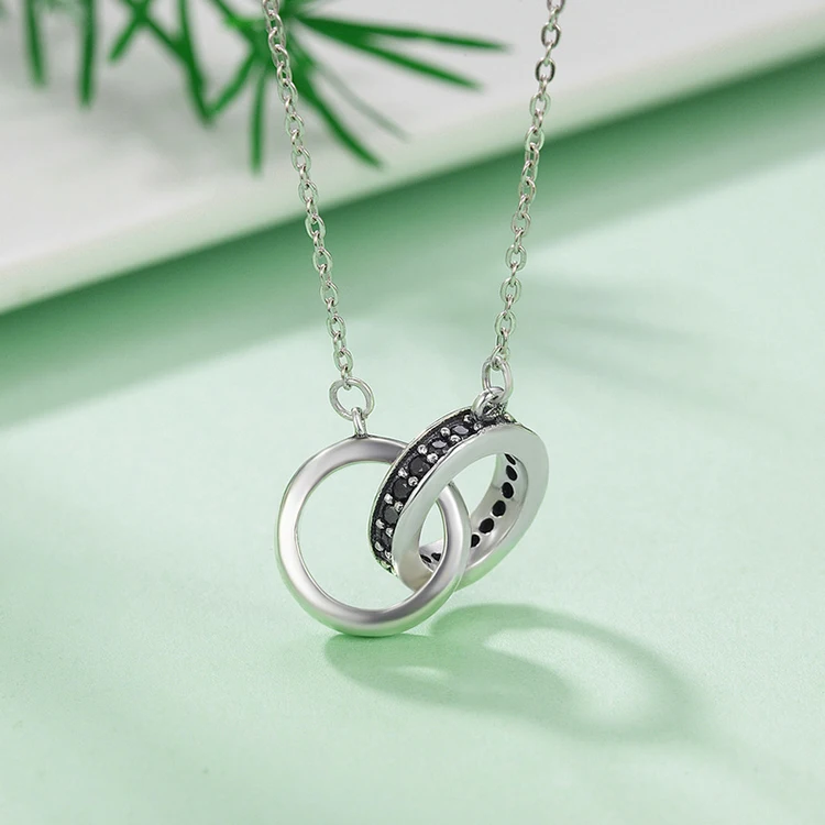 

Customized 925 Sterling Silver Circle In Circle Black Cz Pendant Popular Chain Necklaces Women