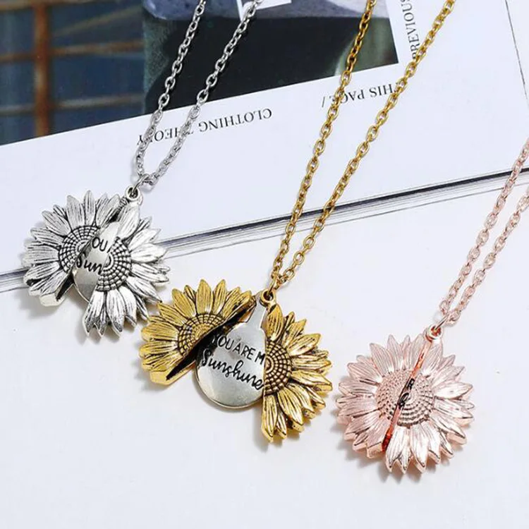 

European Boho Style Ethnic You are my Sunshine Sunflower Locket Necklace Daisy Flower Pendant Chain Necklace, Gold silver
