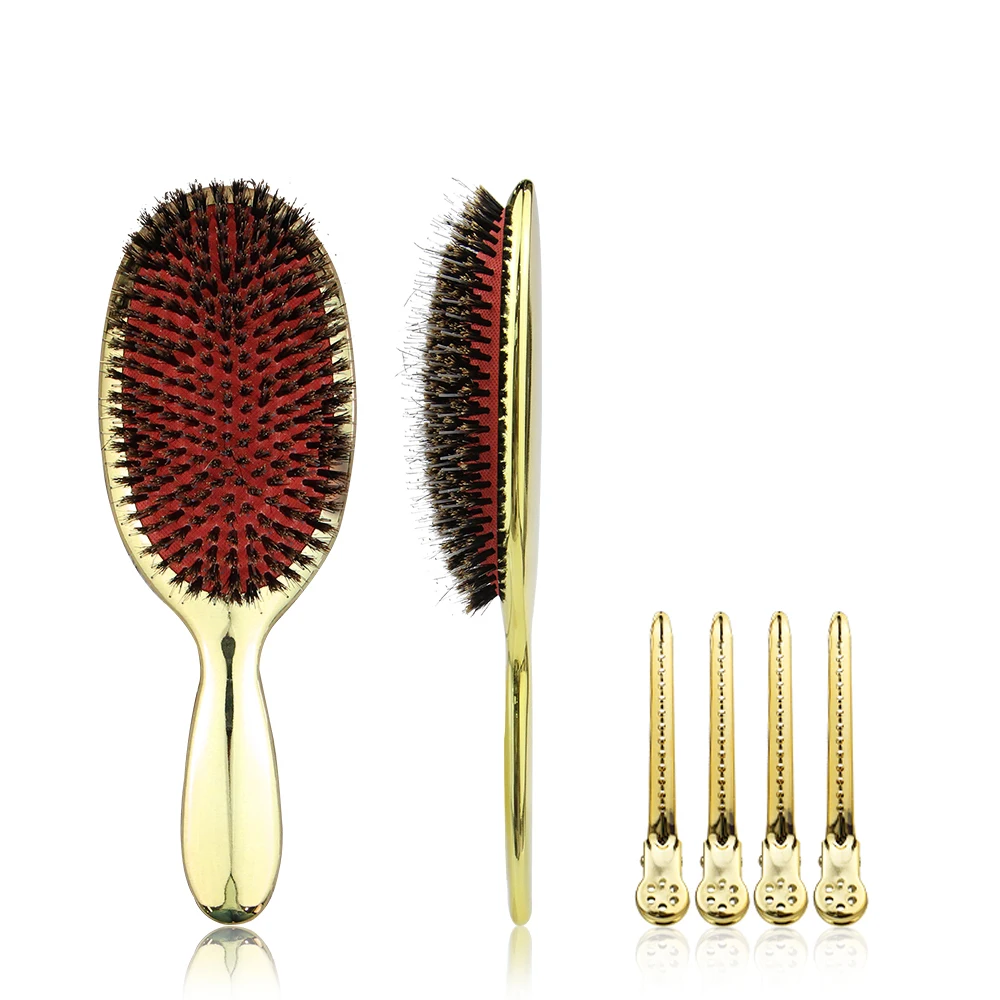 Masterlee 2021 comb luxury plating gold color boar bristle hair brushes with steel clips