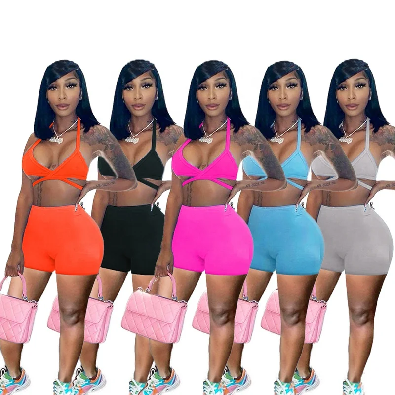 

2021 Top Fashion Yoga Women Outfits Crop Top Two Piece Shorts Set, Gray, black, blue, orange, rose