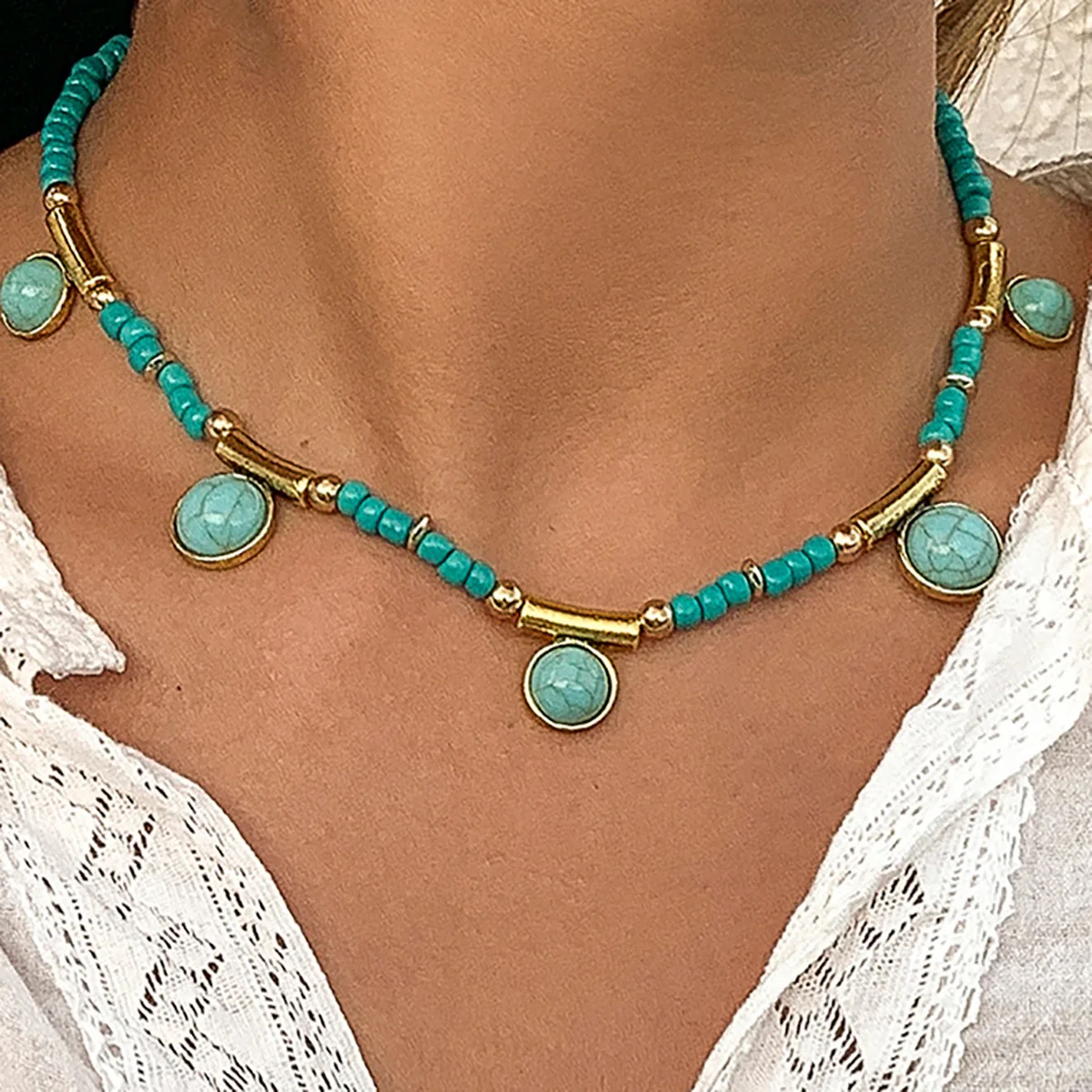 

TU-GEM Vintage Ethnic Style Turquoise Pendent Necklace Bohemian Seed Bead Necklace Gold Adjustable Link Chain Necklace for Women