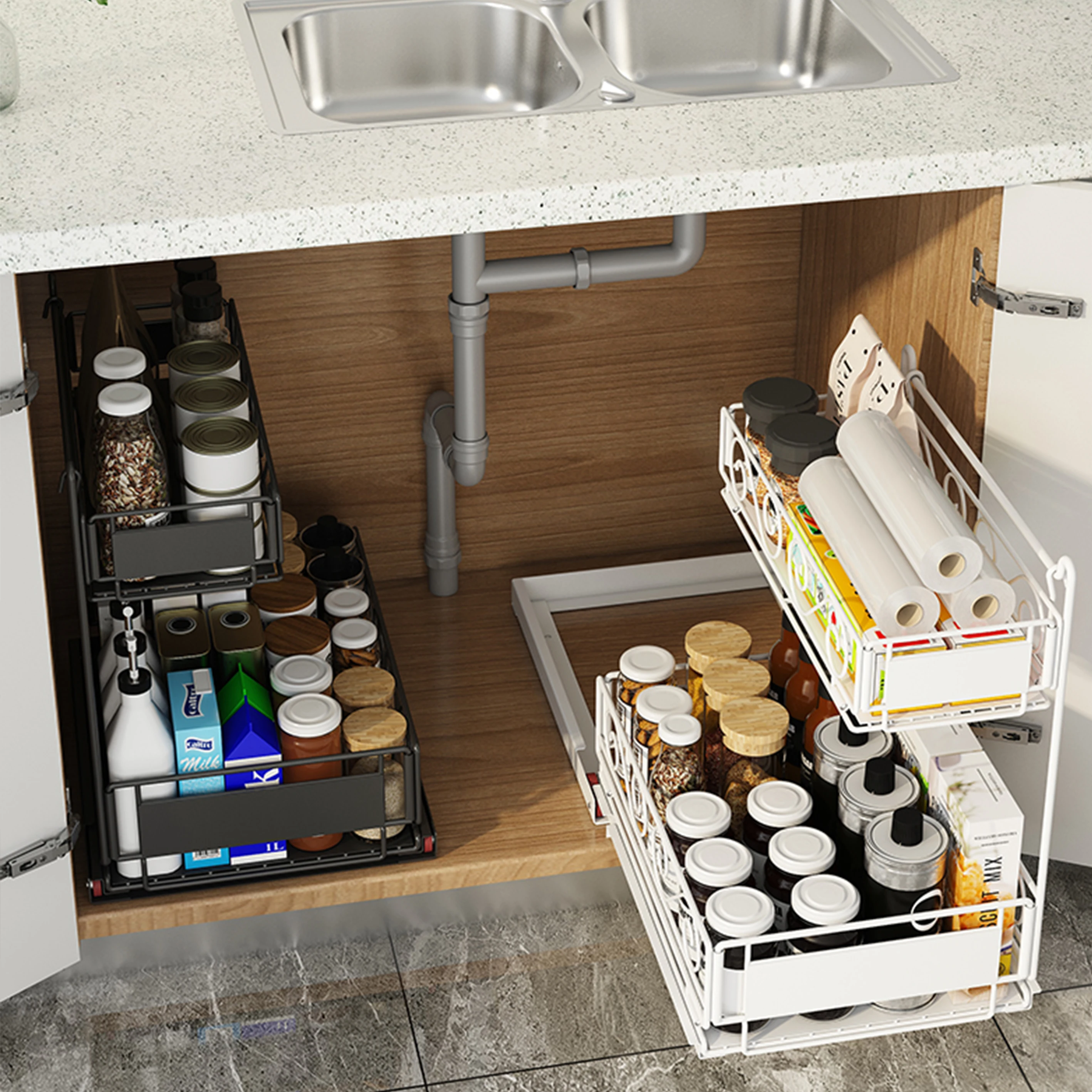 

2 Tier Sliding Basket Under Sink Kitchen Cabinet metal Pull Out Basket Storage wire basket shelf