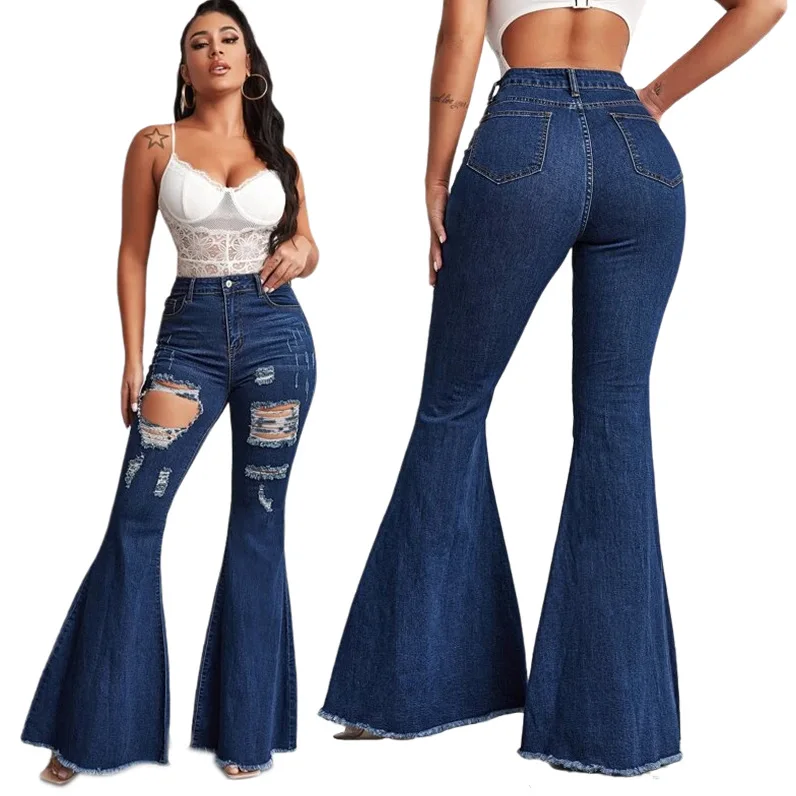 

Wholesale Amazon Fashion 2021 New Slim Wide Leg Trousers Washed Denim Flared Pants High Waist Sexy Holes Women's Jeans, Shown