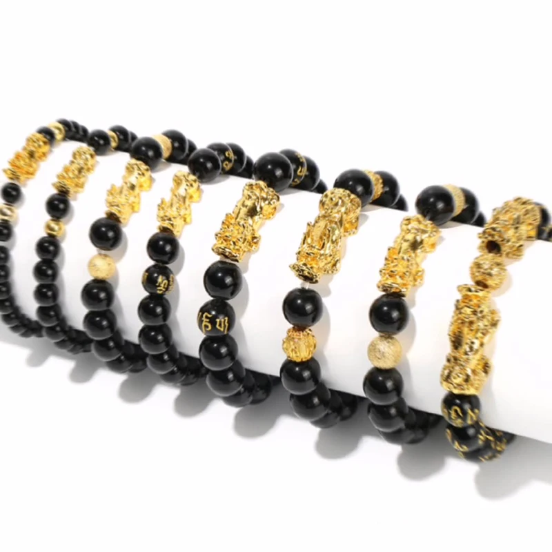 

RisingMoon Feng Shui Bead Bracelet Gold Plated Black Obsidian Onyx Wealth Good Luck Bucket Beads Piyao Pixiu Bracelet