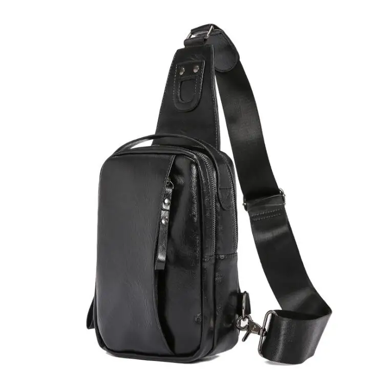 

Wholesale Custom Waterproof PU Leather messenger Sling Bag Men Crossbody Chest bag with USB charging port, 4colors