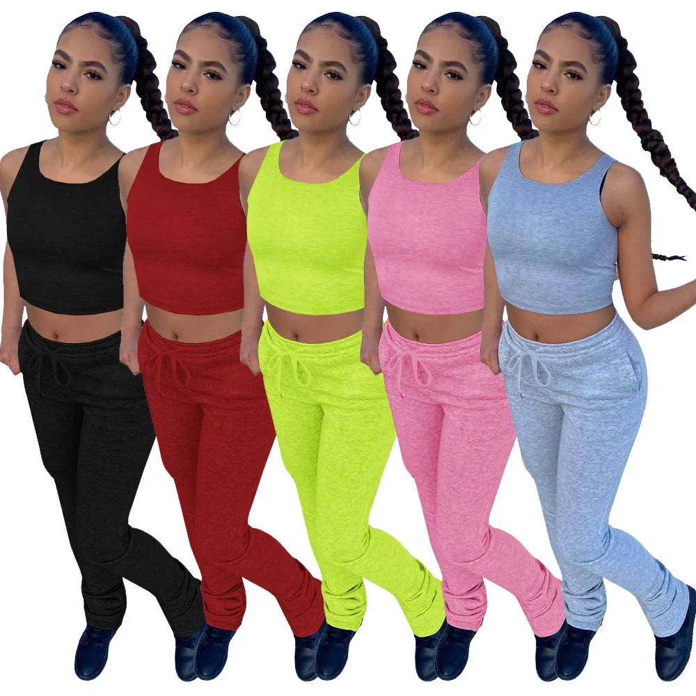 

2021 summer 2 piece outfits for women fashion sport solid sleeveless Pleated two piece pant set