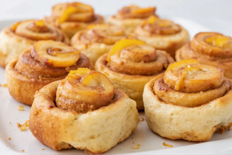Homemade peach cinnamon rolls with fresh peach slices on golden pastry
