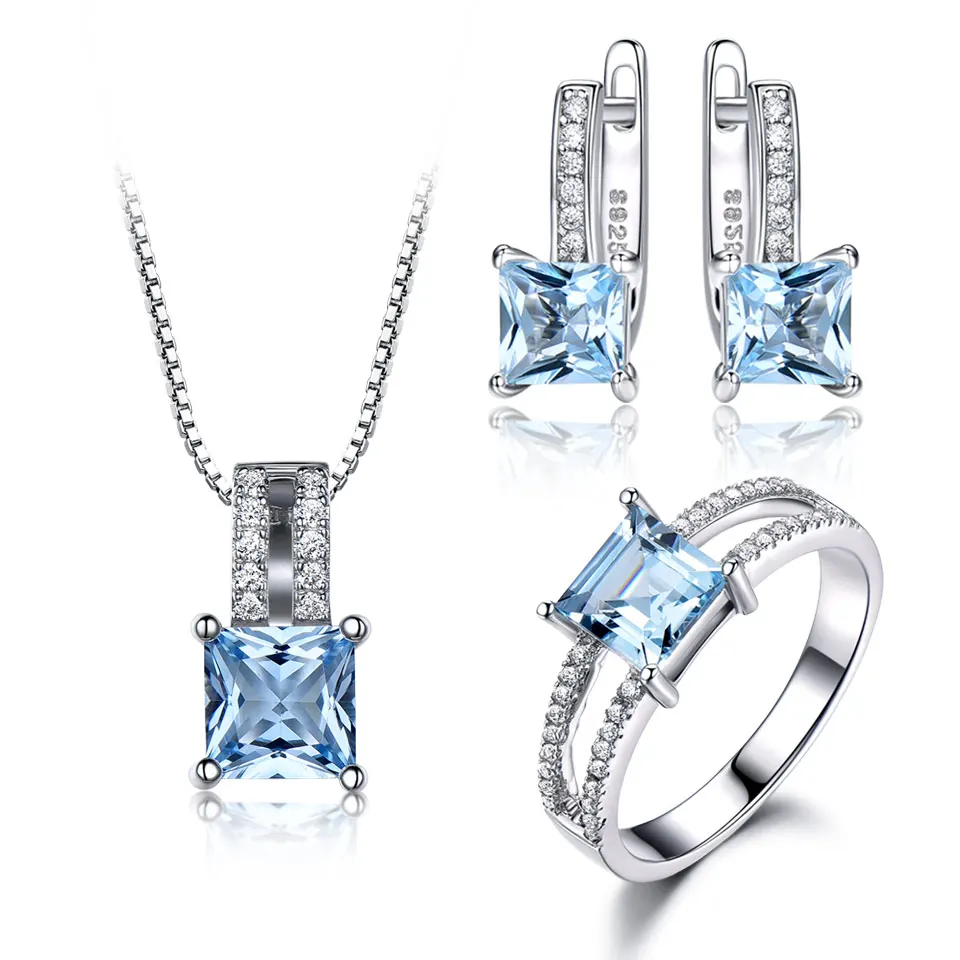 

925 Sterling Silver Jewelry Set Nano Aquamarine Sky Blue Topaz Ring Pendant Stud Earrings Necklace For Women Fine Jewelry