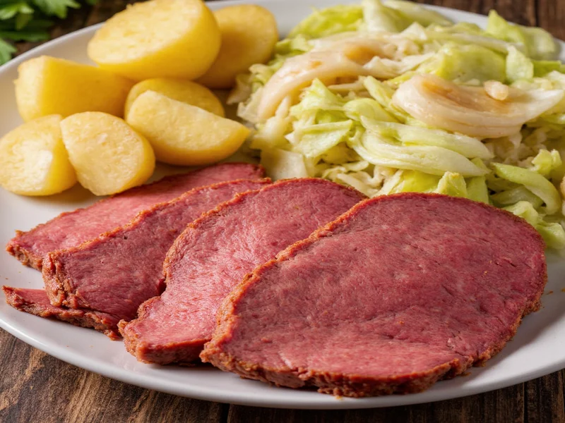 Sliced homemade corned beef with cabbage and potatoes